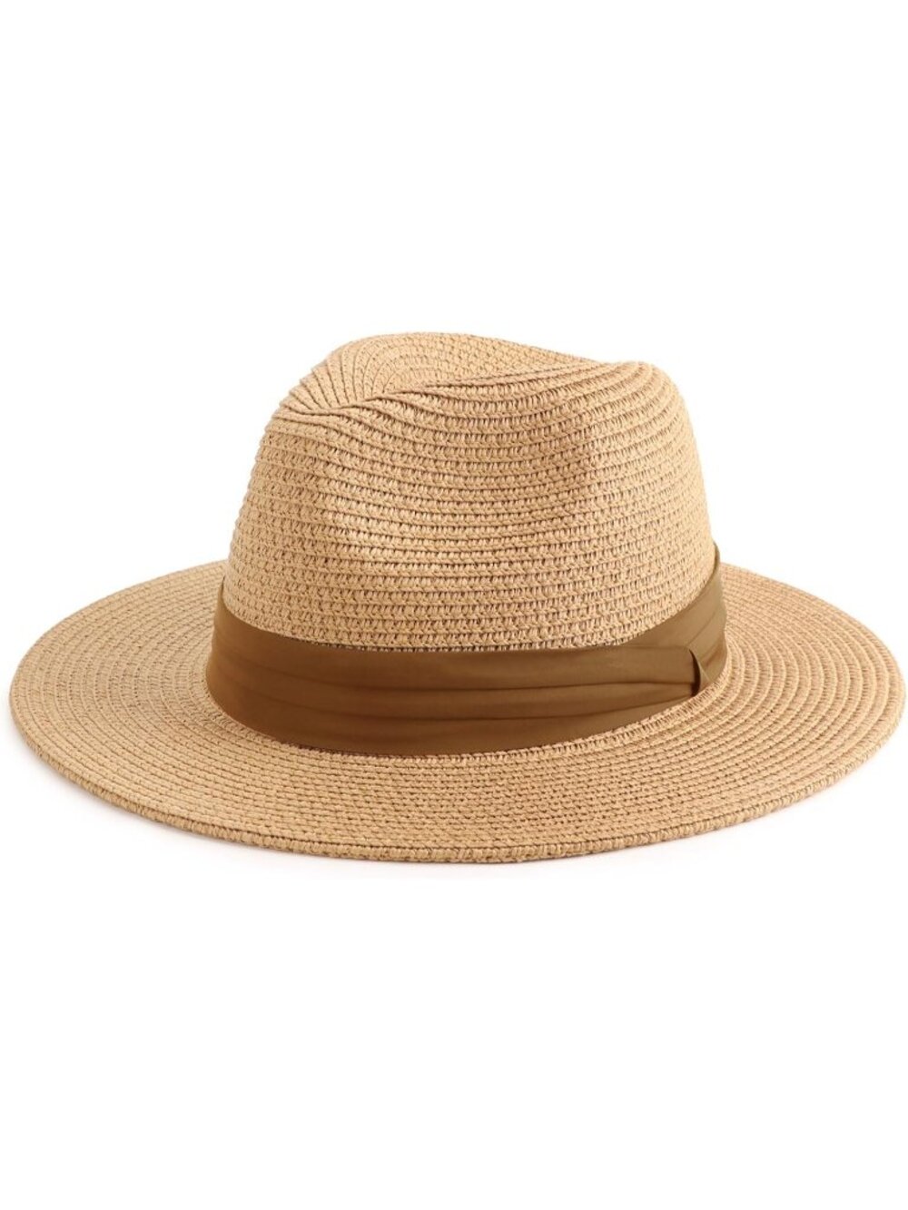 Women's Light Brown Wide Brim Fedora Beach Straw Roll up Summer Panama Sun Hat